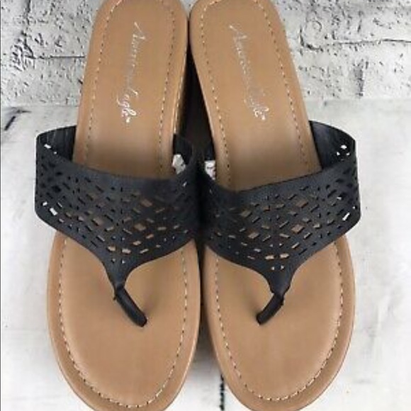 American Eagle Black Cutouts Cork Platform Wedge Slide On Sandals - Picture 3 of 5